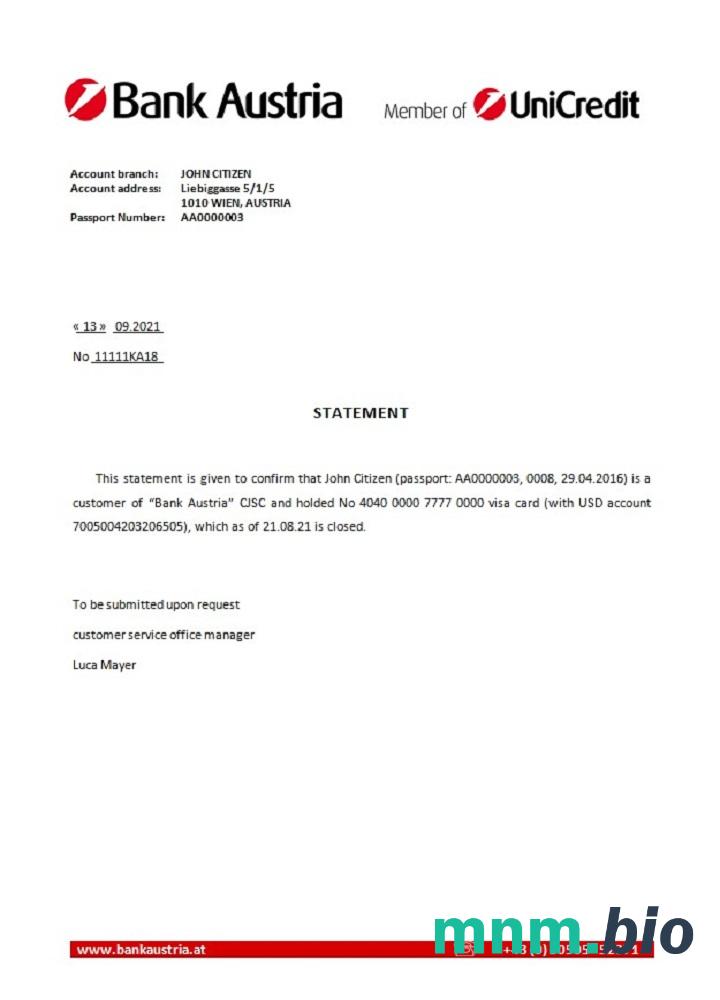 Austria Bank Austria przykład zamknięcia odniesienia w formatach Word i PDF
